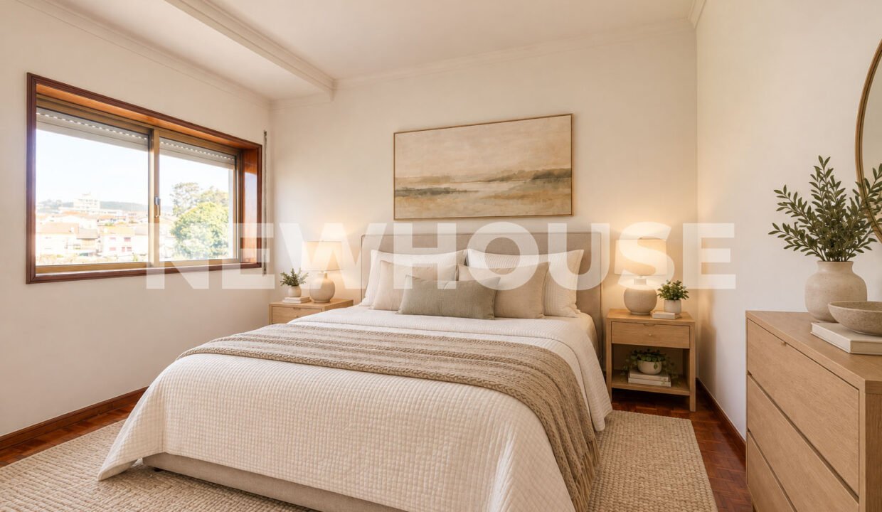 Quarto sereno com cama texturada e luz natural